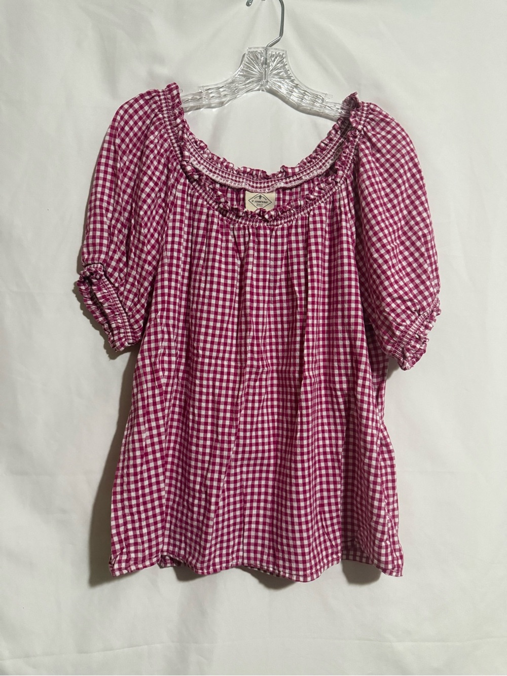 St. John’s Bay Women’s L Pink/White Gingham Peasant Smocked Puff Sleeve Blouse